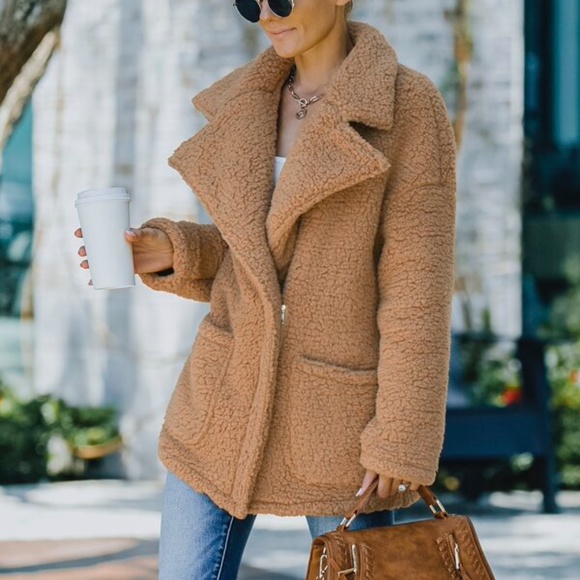 Cozy Camel Tan Wide Collar Teddy Jacket Coat - Picture 3 of 3